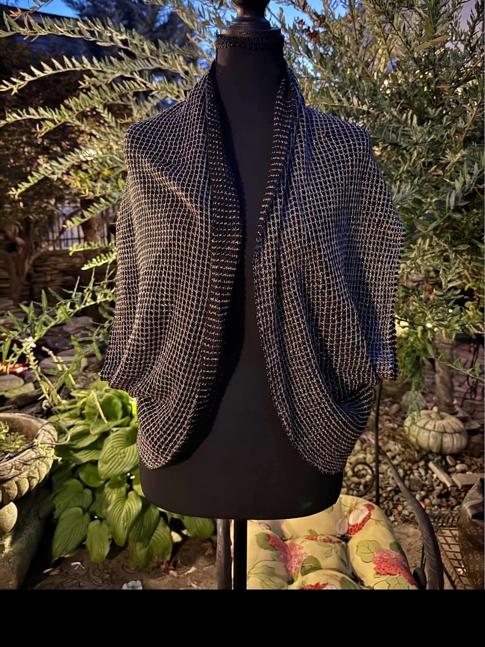 Dana Buchman Black with Cream Stitch Open-Front Knit Shrug
